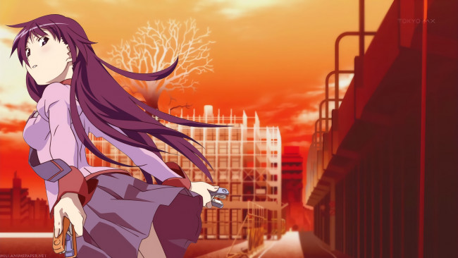 Обои картинки фото аниме, bakemonogatari, фон, взгляд, девушка