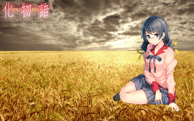 Обои картинки фото аниме, bakemonogatari, девушка, взгляд, фон