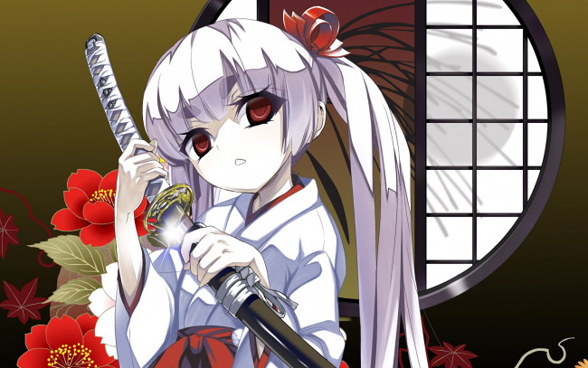 Обои картинки фото аниме, оружие,  техника,  технологии, девушка, фон, взгляд