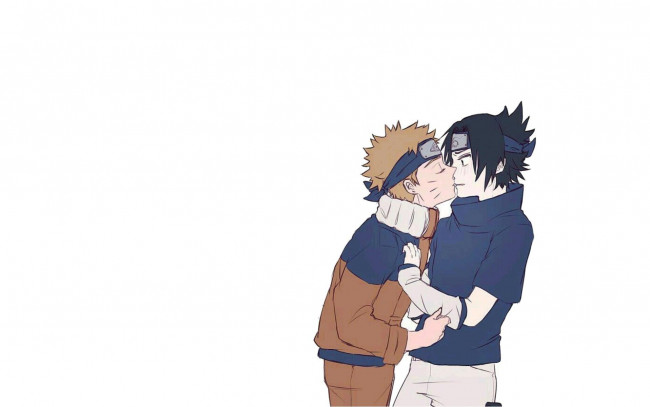 Обои картинки фото аниме, naruto, узумаки, наруто, учиха, саске, поцелуй