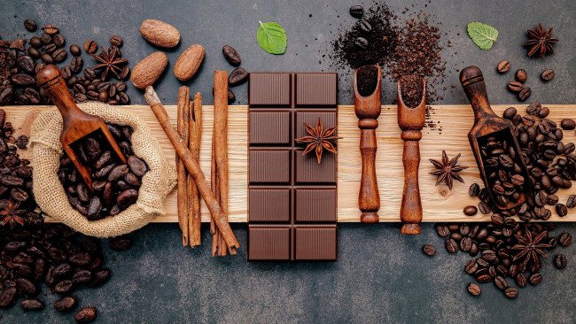 Обои картинки фото еда, кофе,  кофейные зёрна, зерна, молотый, шоколад