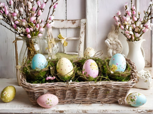 обоя праздничные, пасха, цветы, корзинка, яйца