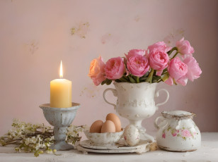 обоя праздничные, пасха, цветы, свеча, яйца