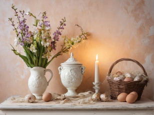 обоя праздничные, пасха, цветы, ваза, свеча, корзинка, яйца