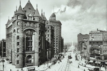 обоя баффало, города, - улицы,  площади,  набережные, черно-белый, улица, здания, люди, ретро