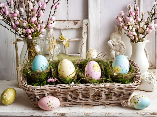 Обои картинки фото праздничные, пасха, цветы, корзинка, яйца