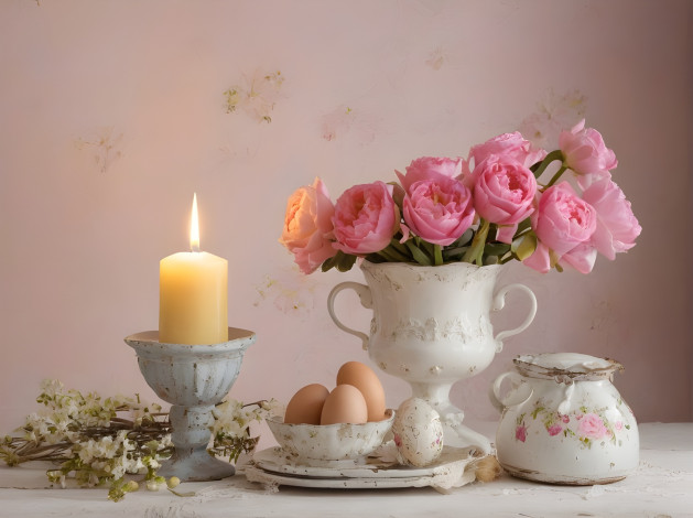 Обои картинки фото праздничные, пасха, цветы, свеча, яйца