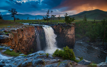Картинка orkhon falls mongolia природа водопады реки орхон монголия скала горы деревья