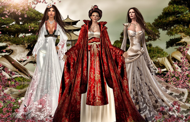 Обои картинки фото 3д, графика, people, люди, девушки, платья, пагода