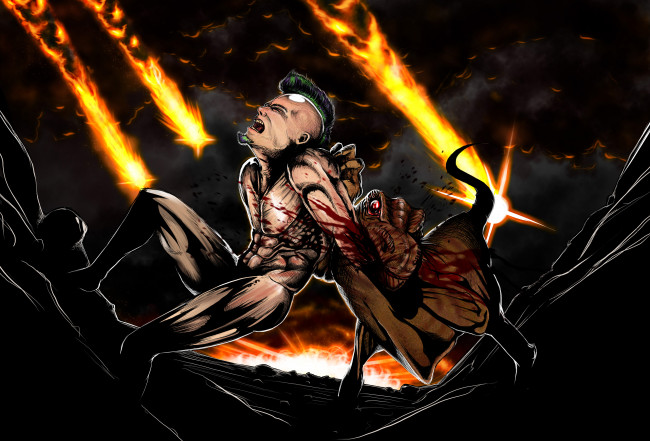 Обои картинки фото рисованные, люди, метеорит, динозавр