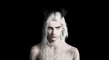 Картинка фэнтези существа чёрный фон рожки парень белые волосы