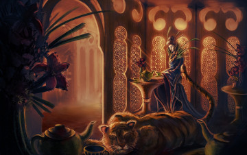 Картинка фэнтези красавицы+и+чудовища девушка тигр чайник комната