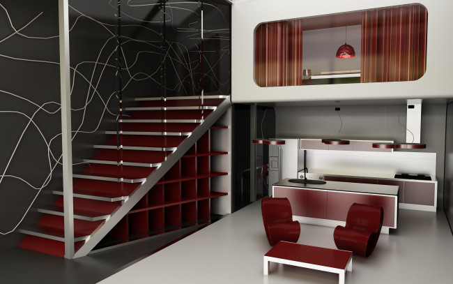 Обои картинки фото 3д графика, realism , реализм, стулья, стол, лестница, кухня