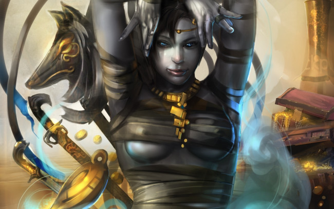 Обои картинки фото фэнтези, девушки, сундуки, золото, девушка, сабля