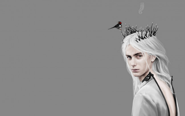 Обои картинки фото фэнтези, существа, арт, птичка, рожки, парень, серый, фон