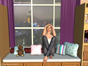 Картинка 3д+графика люди+ people девушка взгляд фон кровать подушки