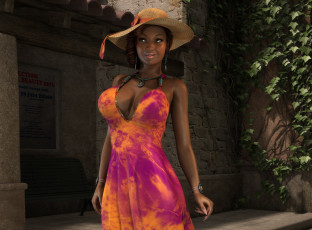 Картинка 3д+графика люди+ people девушка взгляд фон шляпа платье