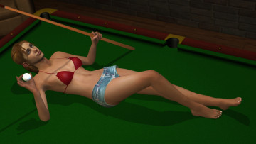 Картинка 3д+графика люди+ people девушка взгляд фон кий шар стол