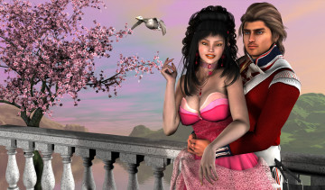 Картинка 3д+графика романтика+ romantics девушка взгляд фон улыбка парень сакура гусь