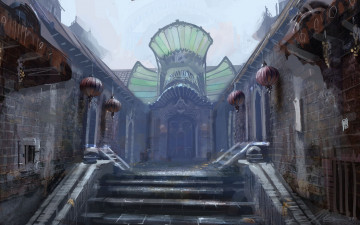 Картинка фэнтези иные+миры +иные+времена ступени дверь фонари здания дома улица
