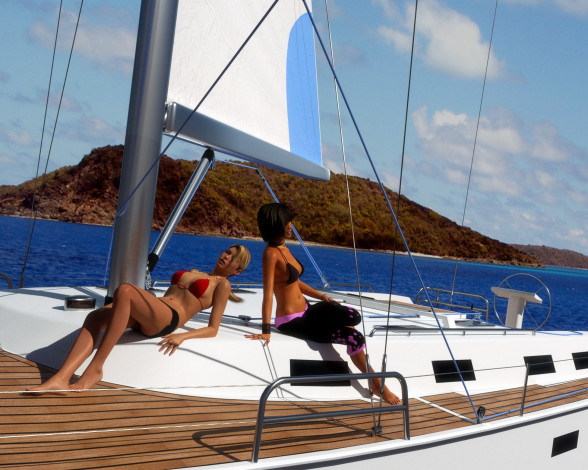 Обои картинки фото 3д графика, люди , people, девушки, облака, море, яхта, фон, взгляд