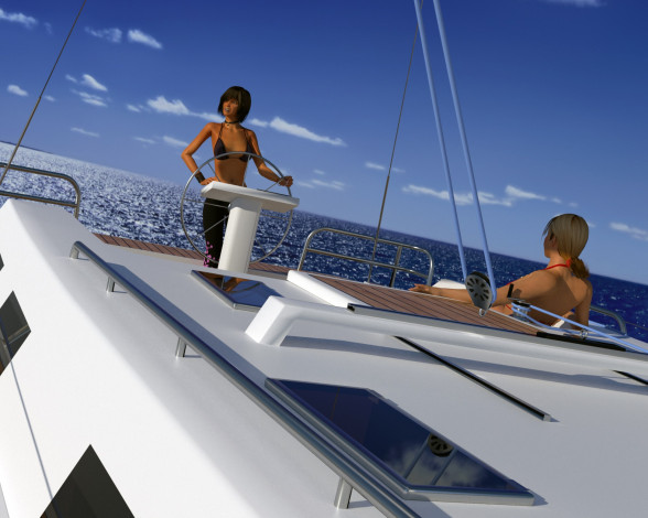 Обои картинки фото 3д графика, люди , people, взгляд, девушки, облака, море, яхта, фон