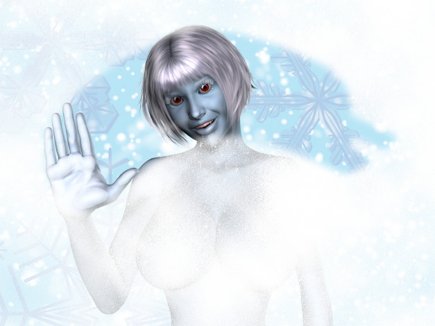Обои картинки фото 3д графика, фантазия , fantasy, девушка, взгляд, фон, снежинки