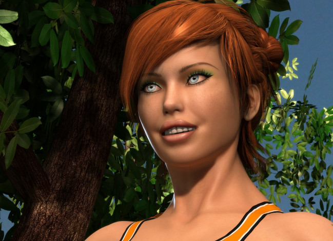 Обои картинки фото 3д графика, портрет , portraits, девушка, взгляд, фон, рыжая, улыбка