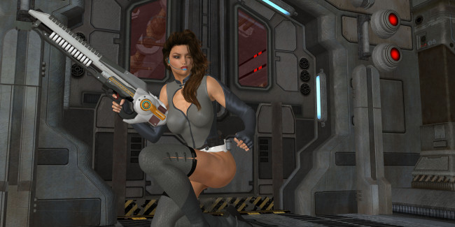 Обои картинки фото 3д графика, фантазия , fantasy, девушка, взгляд, фон, оружие