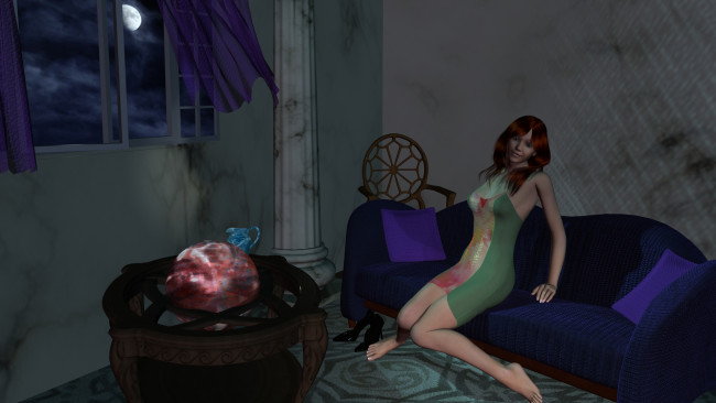 Обои картинки фото 3д графика, люди , people, девушка, взгляд, фон, кровать, стол