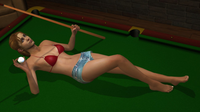 Обои картинки фото 3д графика, люди , people, девушка, взгляд, фон, кий, шар, стол