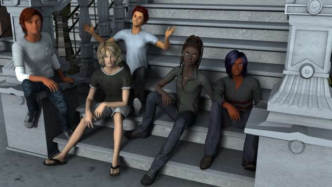 Обои картинки фото 3д графика, люди , people, девушки, взгляд, фон, лестница