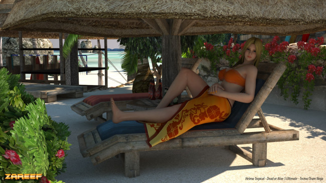 Обои картинки фото 3д графика, люди , people, шезлонг, блондинка, фон, взгляд, девушка, бунгало