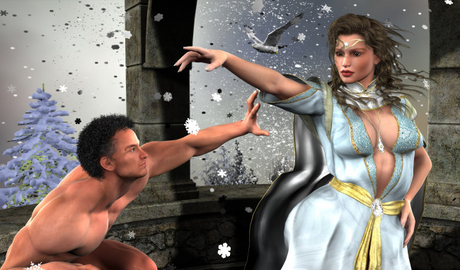 Обои картинки фото 3д графика, люди , people, птица, мужчина, фон, взгляд, девушка, ели, снег