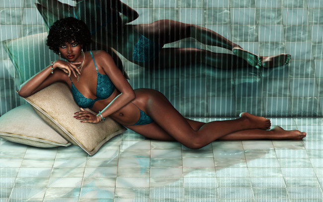 Обои картинки фото 3д графика, люди , people, взгляд, девушка, подушки, кровать, фон