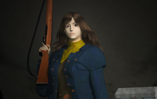 Обои картинки фото 3д графика, фантазия , fantasy, фон, взгляд, оружие, девушка