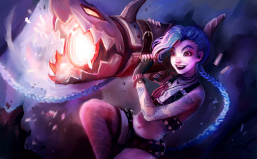 Картинка видео+игры league+of+legends фон девушка оружие улыбка взгляд коса jinx