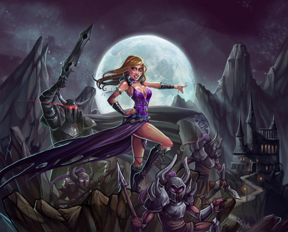 Обои картинки фото рисованное, комиксы, девушка, рыцари, фон, атака, взгляд