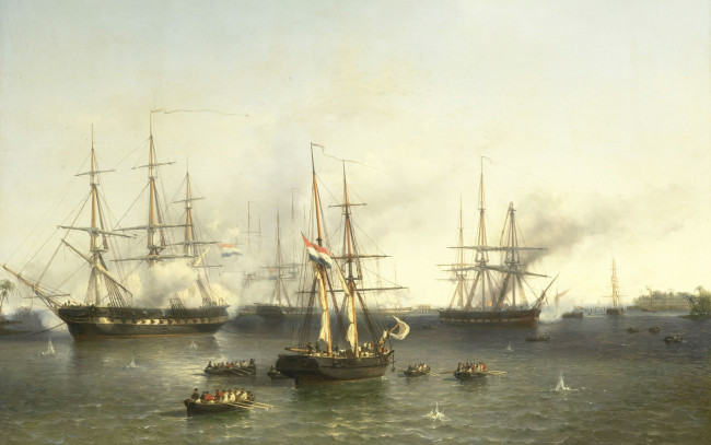 Обои картинки фото рисованное, живопись, дерево, картина, завоевание, палембанга, луис, мейер, баталия, масло, корабль