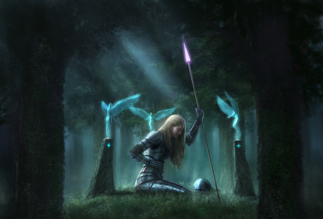 Обои картинки фото фэнтези, девушки, девушка, воин, лес, копье, доспехи, феи