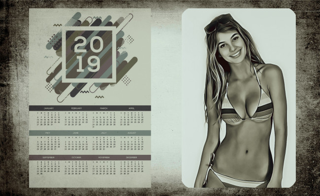 Обои картинки фото календари, компьютерный дизайн, взгляд, очки, купальник, улыбка, девушка