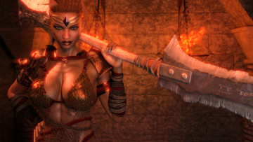 обоя 3д графика, амазонки , amazon, девушка, фон, взгляд, униформа