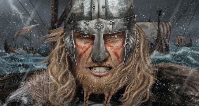 Обои картинки фото фэнтези, люди, мужчина, фон, взгляд, шлем, косичка