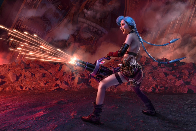 Обои картинки фото девушки, - креатив,  косплей, league, of, legends, джинкс, косы, оружие, natsumi