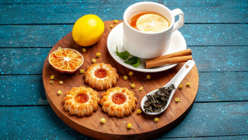 Картинка еда напитки +чай печенье чай лимон заварка