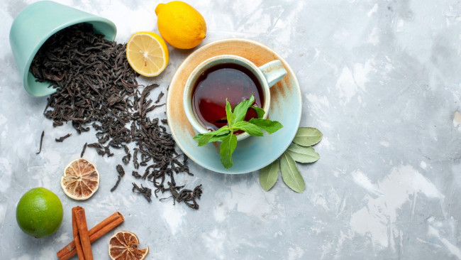 Обои картинки фото еда, напитки,  чай, корица, чай, лимон, лайм, мята