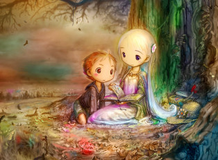 Картинка аниме unknown +другое+ девочка мальчик книга дерево