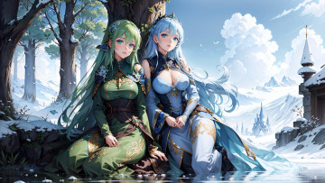 Картинка аниме зима +новый+год +рождество нейросети графика нейроарт ai art нейронные сети рисунки нейро искусство красивые девушки сидят под деревом