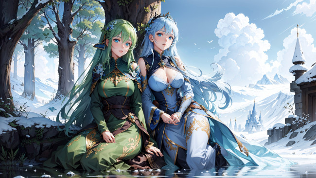 Обои картинки фото аниме, зима,  новый год,  рождество, нейросети, графика, нейроарт, ai, art, нейронные, сети, рисунки, нейро, искусство, красивые, девушки, сидят, под, деревом