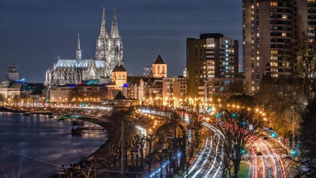 Обои картинки фото города, кельн , германия, река, вечер, огни